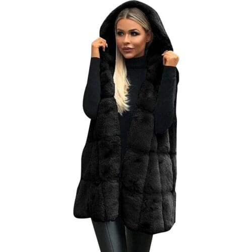 Autumn and Winter Women Hooded Soild Faux Fur Vest New Thick Warm Jacket New Sleeveless Ladies Long Vest Fur Jacket Solid Color