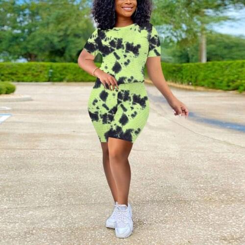 Women Casual Two-piece Clothes Set, Tie-dyed Printed Pattern Short Sleeve Round Collar Tops and Shorts Gym Sportswear Fitness