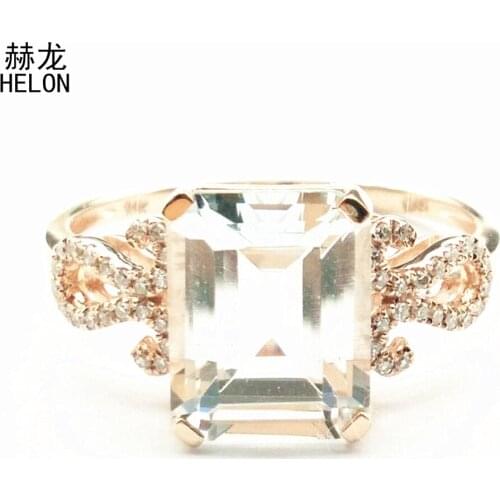 Solid 14K Rose Gold Engagement Wedding 10x8mm Emerald 3.78ct Genuine White Topaz Pave Natural Diamonds Women Fine Jewelry Ring