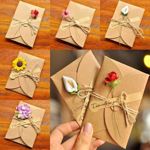 1Pc Retro Dry Flower Invitation Greeting Card with Envelope DIY Kraft Paper Valentines Day Wedding Party Invitation Envelope
