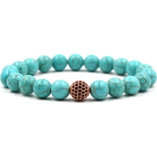 10mm h elastic adjusted nature turquoise bead micro pave cz zircon cubic zirconia ball Bracelet