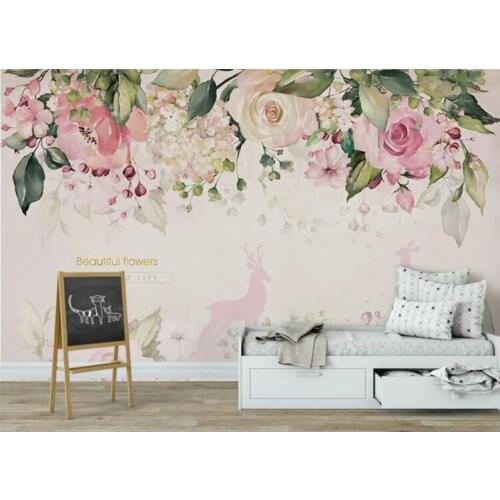 Watercolor ELK Pink Flower Wallpaper Mural Wall Art Decals 3D Photo Stereo Floral Wall Paper Rolls 3d Wall Murals Contact Paper