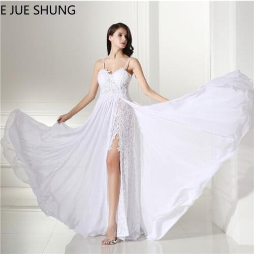 E JUE SHUNG White Chiffon Lace Boho Wedding Dresses 2018 Spaghetti Straps Backless Beach Bridal Dresses Elegant robe mariage