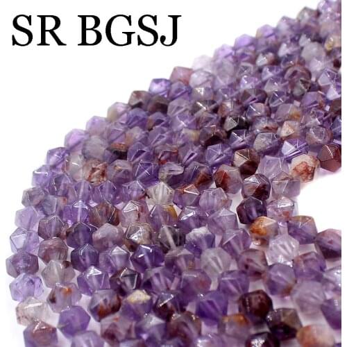Free Shipping SR 8mm Faceted Round Polygonal Purple Phantom Natural Stone Loose diy Beads Strand 15"