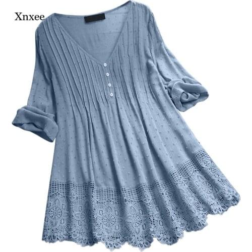 Summer Loose Blouses Women Blouse Plus Size Top Women Vintage Lace Patchwork V-Neck Button Top Blouse Office Work Shirts Clothes