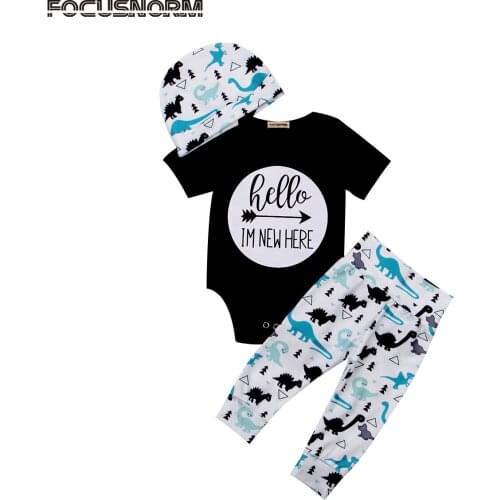 3PCS Newborn Baby Kids Boys Short Sleeves Bodysuit + Cartoon Printed Long pants + Hat outfits clothes set