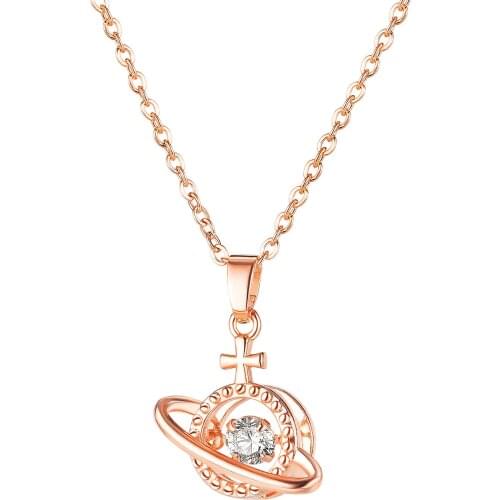 Cyue New 316L Stainless Steel Necklace Chain Rose Happy Planet Pendant Charm With Pave AAA CZ For Women Jewelry