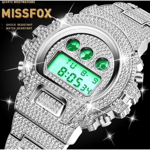 Platinum Digital Watch Men MISSFOX G Style Shock Watch For Men Sport Stopwatch Luminous Diamond Hiphop Iced Out Wrist Watch