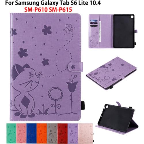 Case For Samsung Galaxy Tab S6 Lite 10.4 Cover P610 P615 SM-P610 SM-P615 Funda Tablet Cat Bee Embossed Flip Stand Capa +Gift