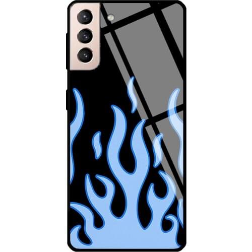 Flame Aesthetic Light Blue Flame Print Tempered Glass Case For Samsung Galaxy S10 Plus Note 10 S8 S9 S20 FE S21 Note 20 Ultra