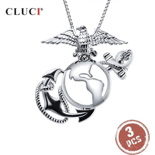 CLUCI 3pcs Silver 925 Sterling Pendant for Pearl Jewelry Making Women Eagle Cage Pendants US Marine Corps Badge Pendant SC332SB