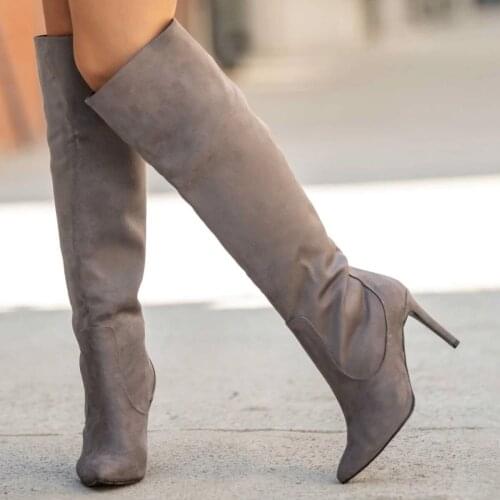 Mio Gusto Brand Melissa, Gray and Burgundy Colors Suede, 8Cm Heel Warm Winter Knee High Women 's Boots , platform boots , women boots , goth , shoes for women 2020