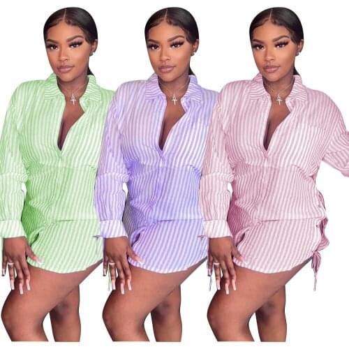 Fashion Sexy Personality Open Stitch Shirts Buttocks Long Sleeve Drawstring Woven Stripe Loose Casual Wholesale Dropshipping