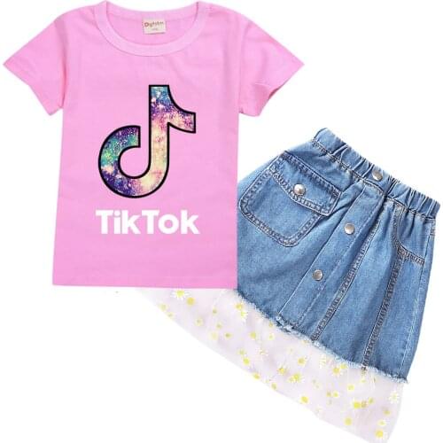 TIK TOK Fashionable girl dress set summer cotton T-shirt + jean skirt for babys birthday present