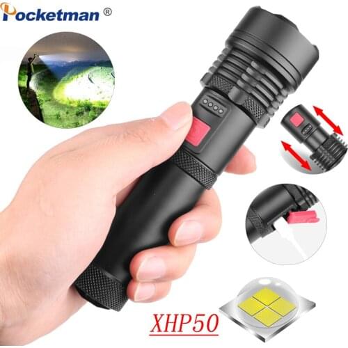 Powerful LED Tactical Flashlight USB Rechargeable Flashlamp 5 Modes XHP50 Telescopic Zoom Torch Camping Hunting Flash Light