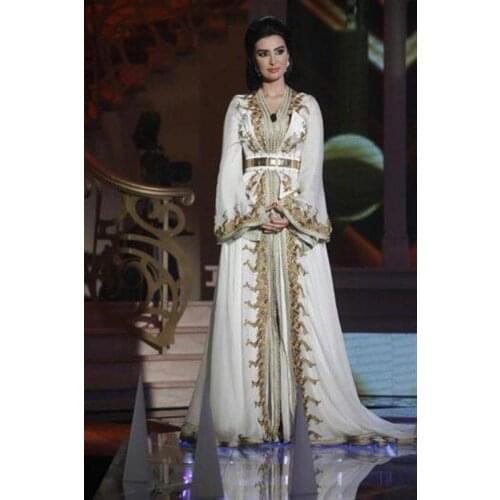Muslim Evening Dresses A-line 3/4 Sleeves Chiffon Appliques Beaded Moroccan Kaftan Dubai Saudi Arabia Long Prom Dress Gown