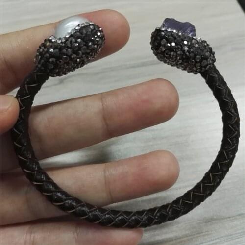Real Leather Natural Rough Pearl Amethysts Crystal Bead Pave Rhinestone Charm Adjustable Bangle Cuff Unisex Bangle Bracelet Gift