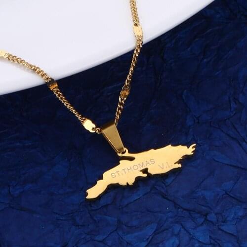 Stainless Steel St. Thomas V.I. Map Pendant Necklaces Gold Color Fashion Map Chain Jewelry