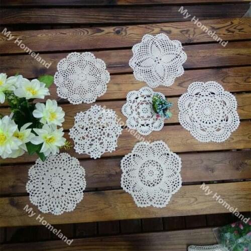 New Design 7Pcs 100% Cotton Hand Made Crochet Doilies For DIY Cup Mat Pad 7 Vintage Crochet Motifs 15-22cm White Beige HD157