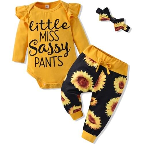 New Romper Clothing Sets For Newborns Letter Bodysuit+Sunflower Drawstring Waist Long Pants With Headdress Baby Girl Home Wears