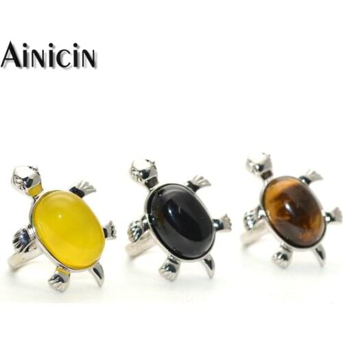 Lovely Animal Women Gift Jewelry Natural Yellow Agate Black Onyx Tiger Eyes Silver Color Tortoise Adjustable Summer Rings