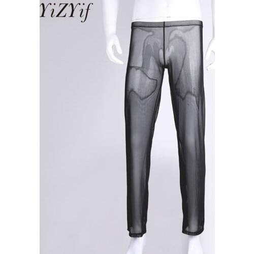 Solid Color Mens Mesh Transparent Breathable Pants Male Lingerie Night Clubwear Trousers Homme Lounge Underwear Sleepwear