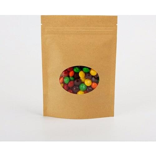 50 Pcs Window Kraft Stand Up Zip lock Bags Pouches With Clear Round Window Kraft Standing Zipper Bags Window Kraft Paper Bags