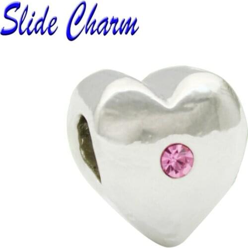 Slide charm Pink crystal heart shaped European luxury bead fit Pandora Bracelet and Bracelet Pendant DIY jewelry