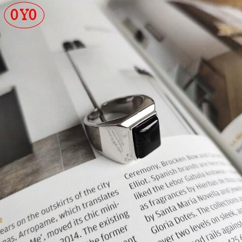 100% 925 sterling silver black agate rectangular ring