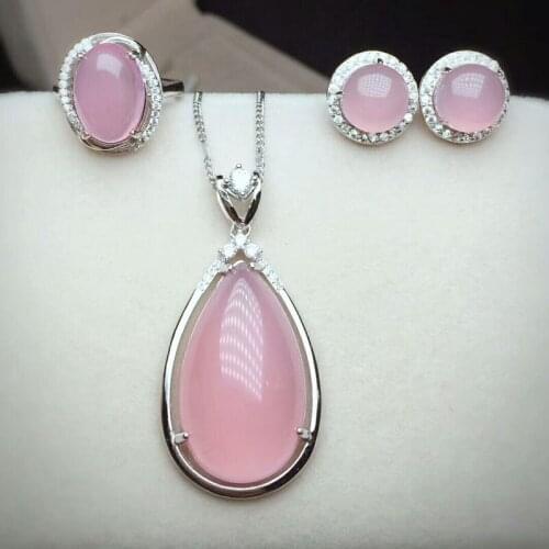 925 Silver Mosaic Natural Pink Drops of Water Chalcedony Pendant Stud Earrings Ring A Three-Piece