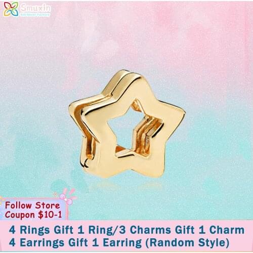 Smuxin 925 Sterling Silver Bead Golden Star Clip Charm fit Original Pandora Bracelet for Women Jewelry Making Brithday Girl Gift