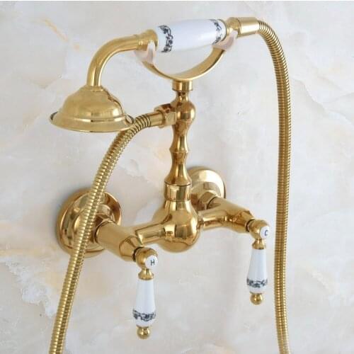 Contemporary Luxury Gold Color Brass Wall Mounted Bathtub Faucet with Handheld Shower Set +150CM Hose Mixer Tap 2na840