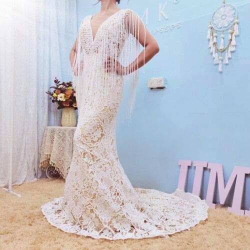 UMK Chic Lace Mermaid Bohemia Wedding Dress Unique Tassel Boho Bridal Gowns Sexy Tulle V Neck Backless Vestido De Noiva