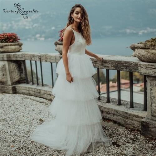 Boho Wedding Dresses for Women 2021 Satin Bodice Tiered Skirt Backless Beach Bridal Gowns Plus Size Bohemian Vestidos De Novia