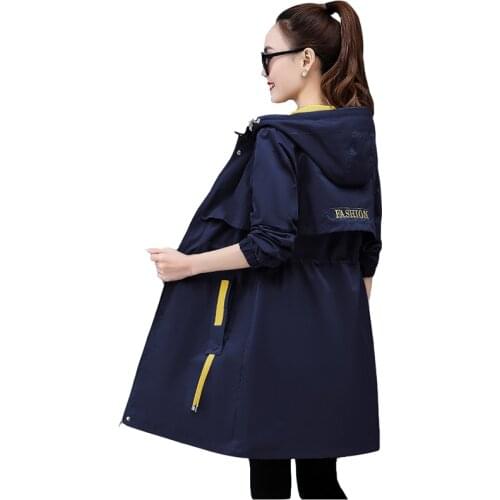 Windbreaker Coat Womens Mid-Length New Spring Autumn Trench Coat Overcoat Female Korean Loose Plus Size Hooded Outerwear Woman