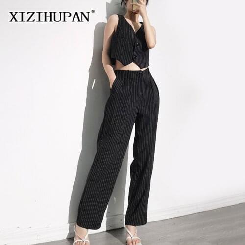 XIZIHUPAN Sexy Black Striped Womens Pants V Neck Sleeveless Irregular Hem Top High Waist Full Length Wide Leg Pant Women Sets