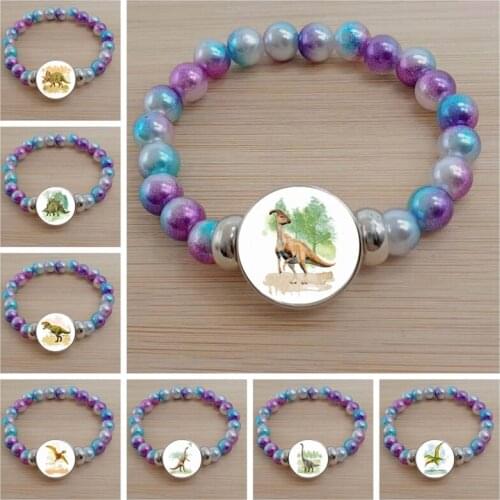 Jurassic Wildlife Tyrannosaurus Rex Stegosaurus Art Painting Bracelet Glass Convex Round Color Bead Bracelet Childrens Boy Gift