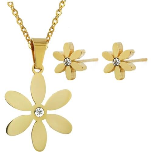 Fairladyhood Jewelry New Design Six Leaf Clover Necklace and Clover Earrings Stainless Steel Jewelry Set
