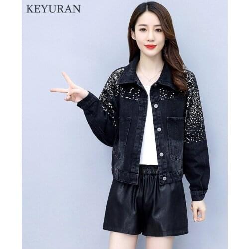 2021 Autumn Denim Jacket Coat 2XL Women Hole Sequins Loose Overcoat Jeans Jacket Basic Coats Female Streetwear Casual Outerwear