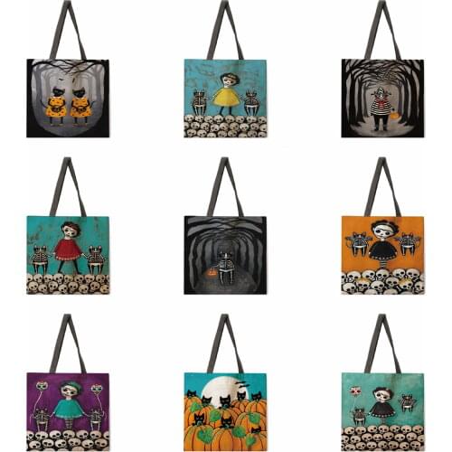 Pumpkin Skull Cat Lady Printed Handbag Lady Linen Bag Lady Shoulder Bag Outdoor Handbag Foldable Shopping Bag