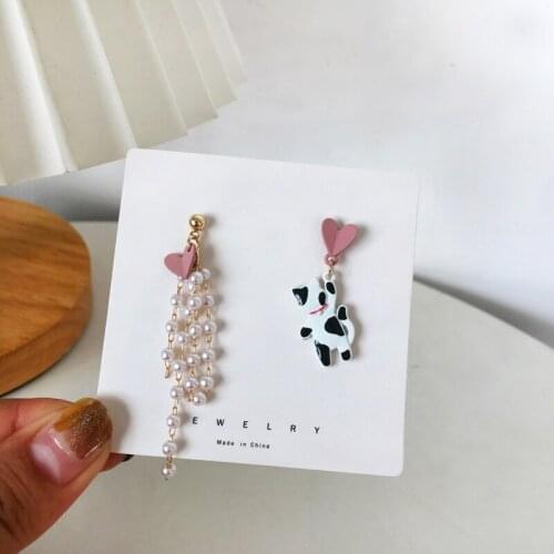 925 Silver Needle Sweet Love Asymmetrical Fairy Pearl Tassel Cute Cat Earrings for women