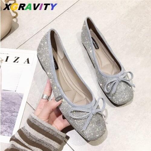 XGRAVITY New Fashion Casual Square Toe Flat Shoes Crystal Butterfly Knot Flats Shoes Elegant All Matched Female Shoes Comforted