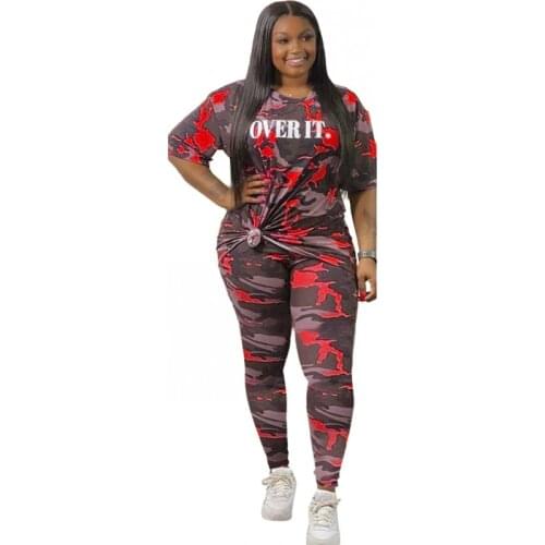5XL Plus Size Letters Print 2 Piece Set For Women O Neck Tops And Skinny Pants Suit 2020 Fashion New Camouflage Tracksuit Outfit