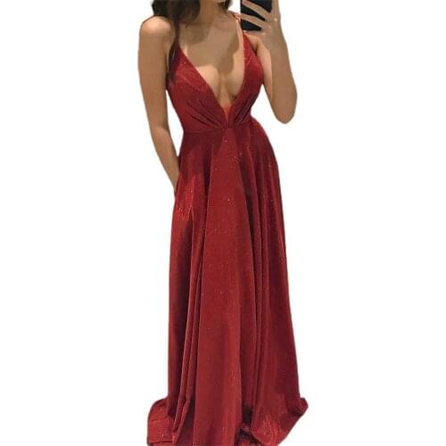 2021 Women A-Line Dress Spaghetti Straps Tea-Length Red Satin Party Dresses Sparkly Sexy Deep V Hollow Night Dress Vestidos