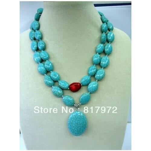 Woman 2 rows necklace light blue stone oval howlite red coral bead mixed pendant necklace