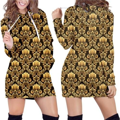 IFPD Womens Hoodie Dress Baroque Style Royal Luxury 3D Golden Pattern Print Long Sleeve Hooded Sweatshirts Famale Long Pullover