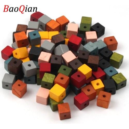 50pcs/lot 10mm Mixed Color Natural Wood Beads Square Cube Spacer Loose Beads For DIY Jewelry Making Handmade Necklace Bracelet