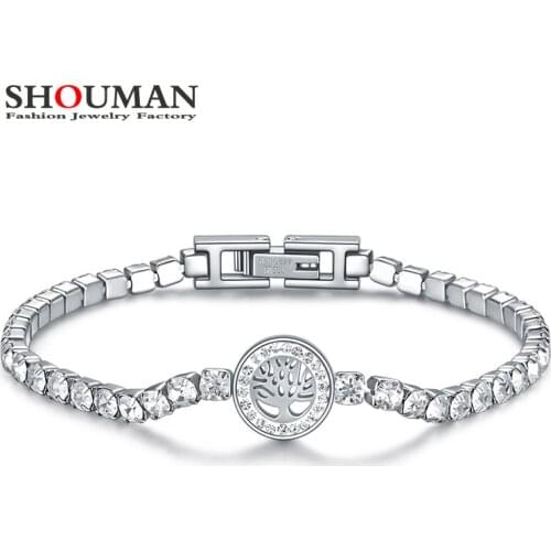 SHOUMAN High Quality Charm Stainless Steel Hollow Tree of Life Cubic Zircon Detachable Bracelets Women Lucky Jewelry Gift