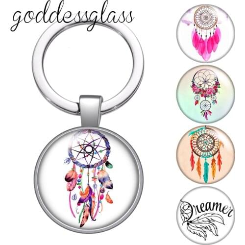 Dreamcatcher Feather Dream come true fashion glass cabochon keychain Bag Car key chain Ring Holder Charms keychains for Gifts