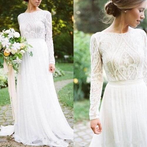Fast Ship Vestido De Noiva Boho Lace Wedding Dresses Long Sleeve White Chiffon Bridal Dresses A Line Simple Beach Wedding Gowns